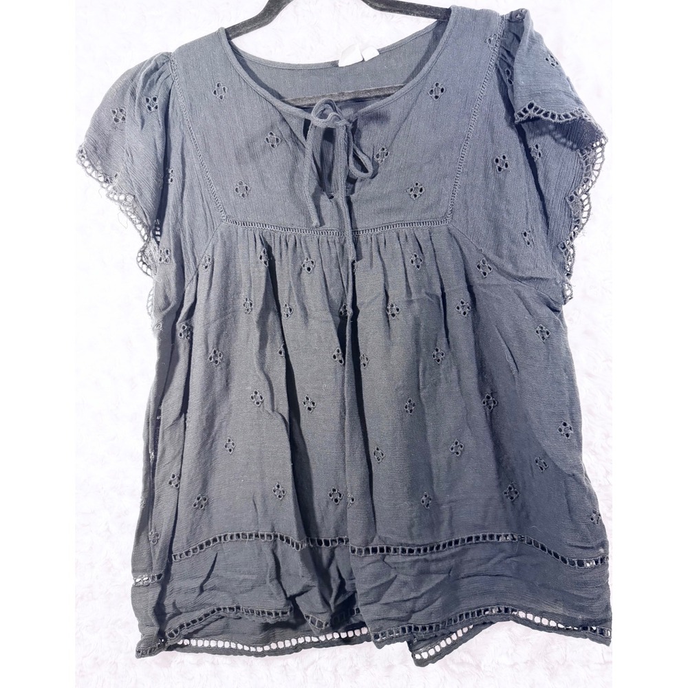 Gap‎ Womens Size L Black Eyelet Tie Neck Flutter Sleeve Boho Blouse Top